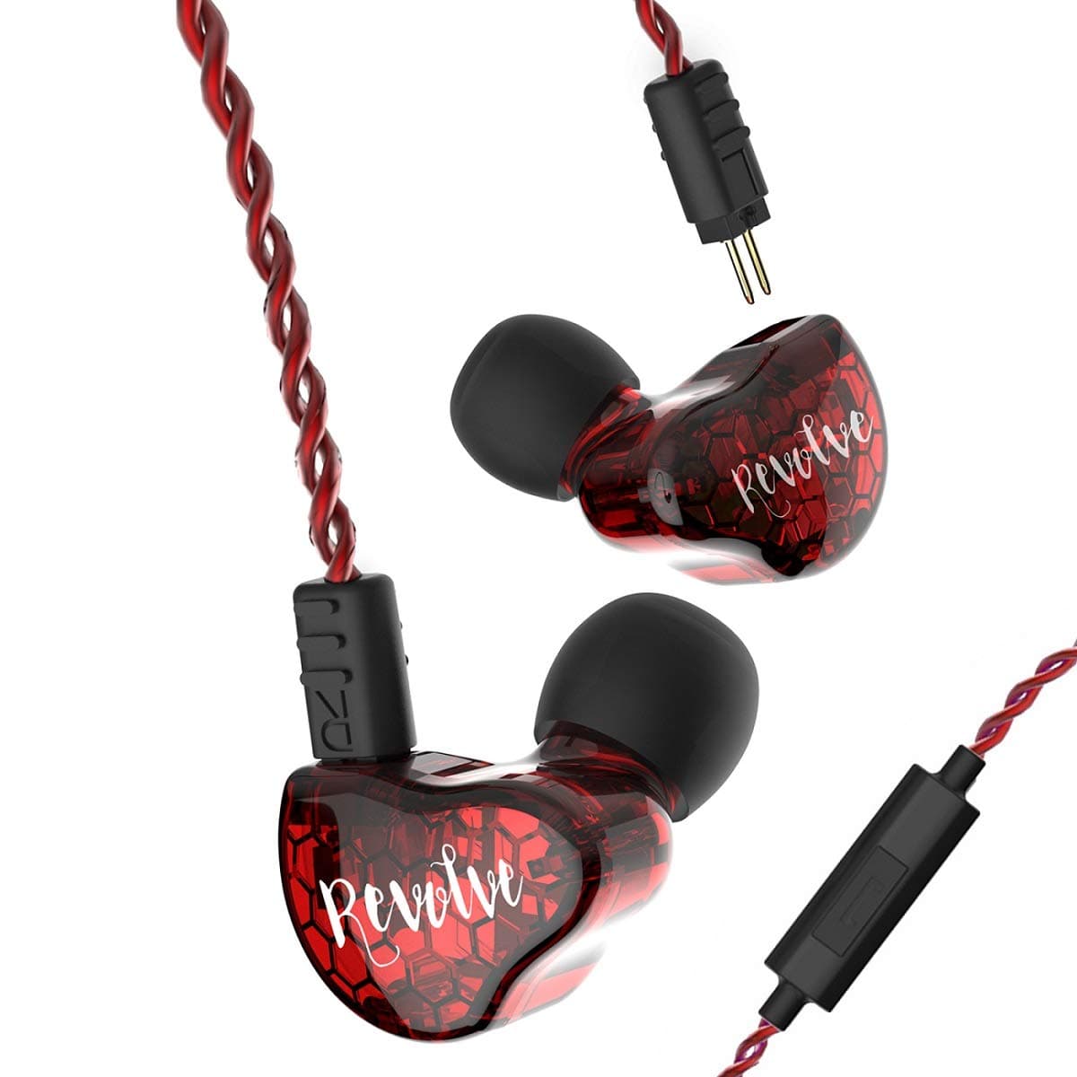 RevoNext RX8S Wired In-Ear Headphones Hifi Stereo Earphone Heavy Bass Earbuds with 1DD+ 2BA Hybrid Driver Detachable Cable Noise Isolating Earphone (Red with mic)