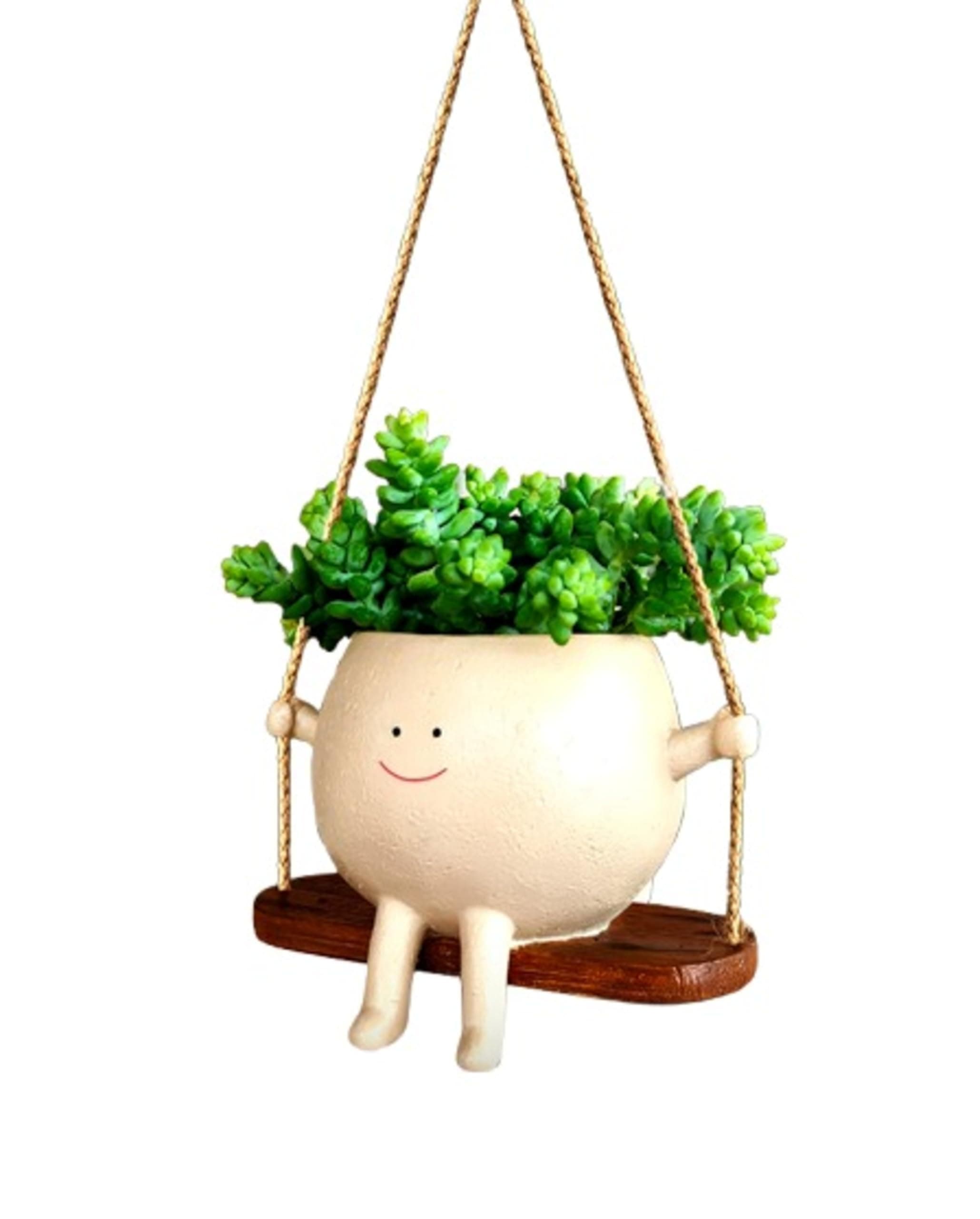 Wonder Waves Cute Ceramic Smiling Face Swing Hanging Planter Pot | Home Garden| Balcony| and Office Indoor Outdoor Plants | Garden Decor | Place Saving Pot|Balcony Decor Planter.