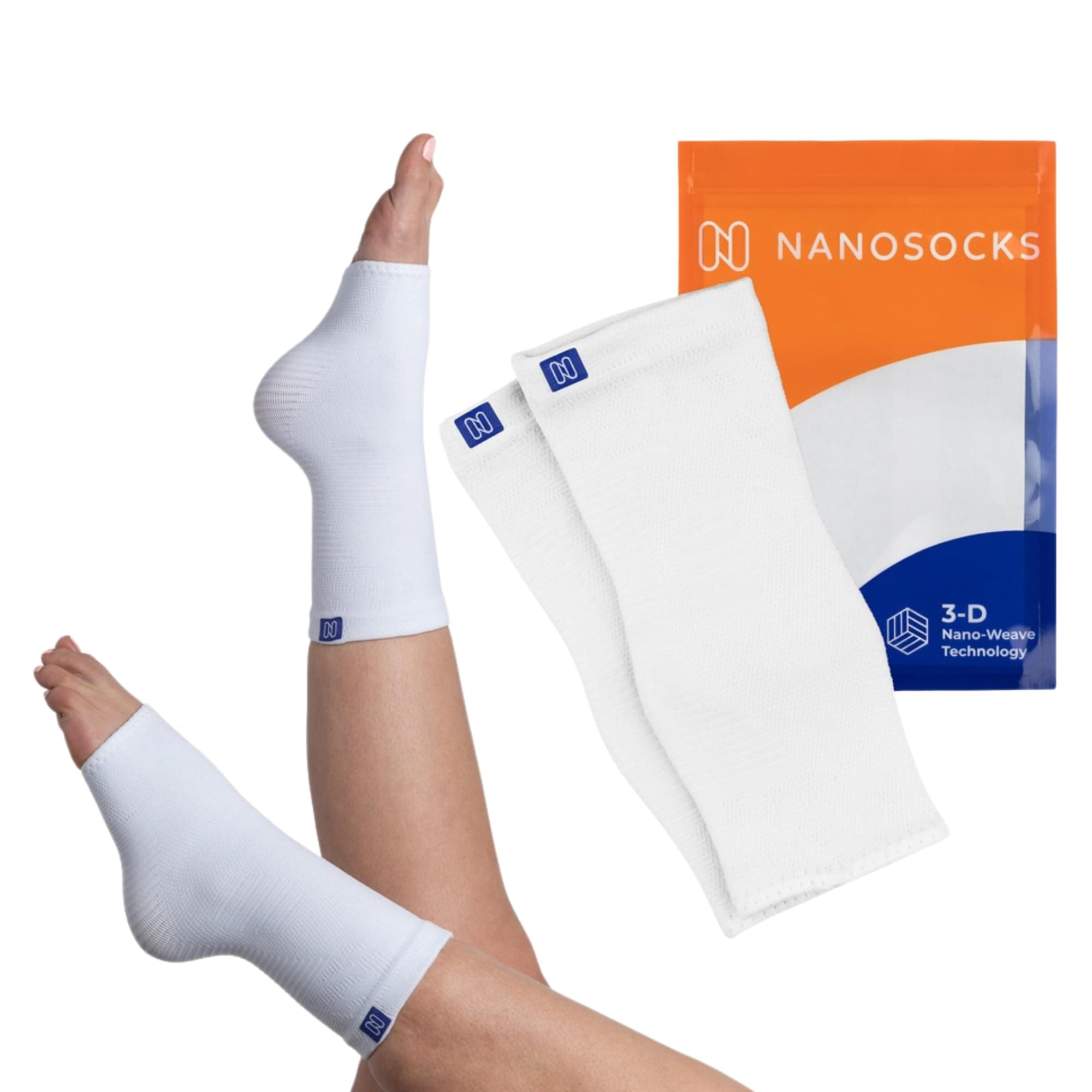 NanoSocks Compression Socks (Pair) - 3D Nano-Weave Tech, 20-30 mmHg - Soft Nylon & Spandex Toeless Support Sleeves - For Ankle, Plantar Fasciitis, Neuropathy, Foot Pain Relief - Open Toe Workout Gear for Men & Women (Large, White)