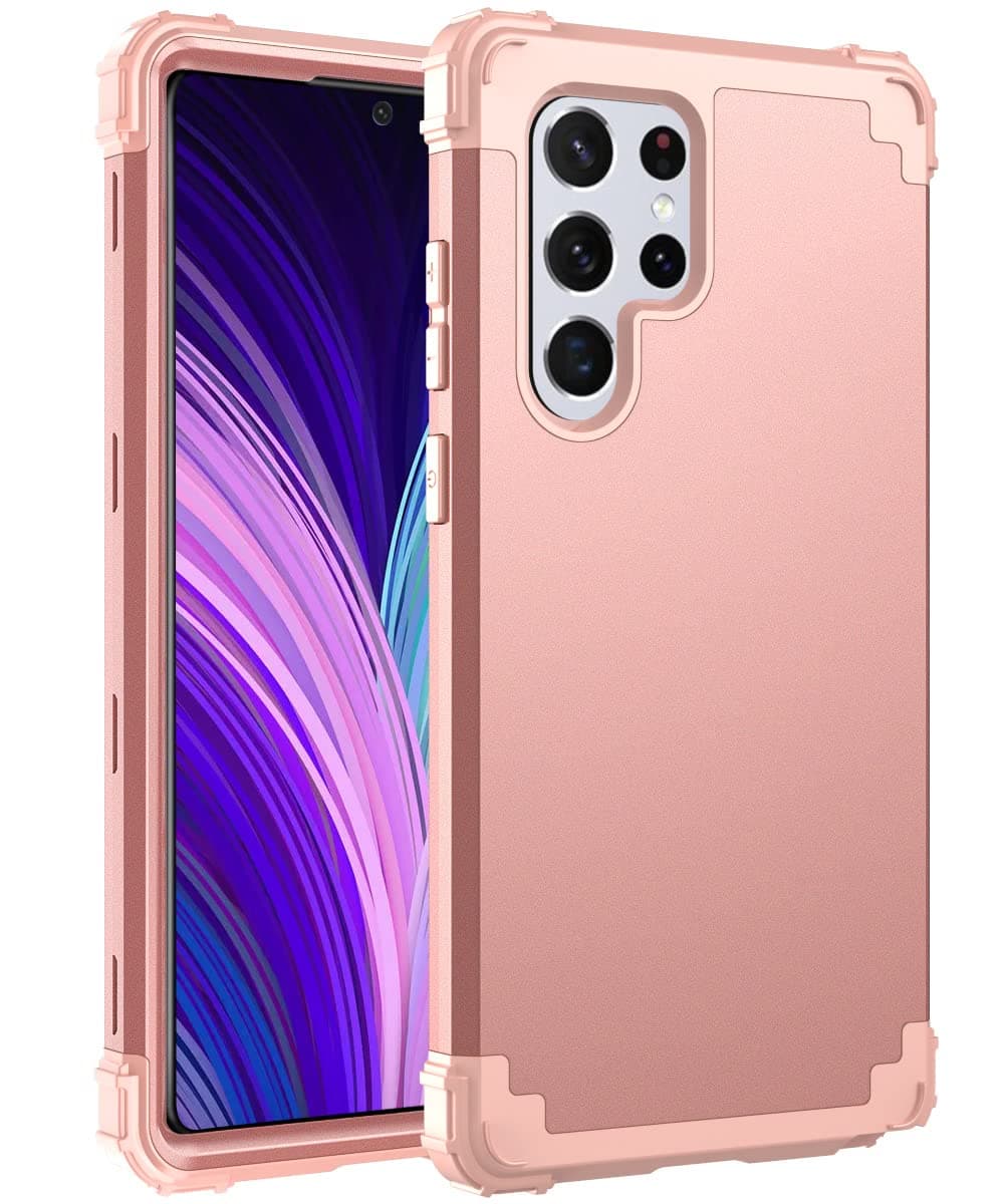 Anreixx Case Compatible with Samsung Galaxy S22 Ultra, 3 in 1 Rugged Shockproof Full Protective Case with Hybrid Hard PC Outer and Soft Silicone Inner, Heavy Duty Bumper Full-Body Phone Cover Pink