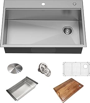 KWT310-33/18 Kore Workstation 33-inch Drop-In 18 Gauge Single Bowl Stainless Steel Kitchen Sink with Integrated Ledge and Accessories