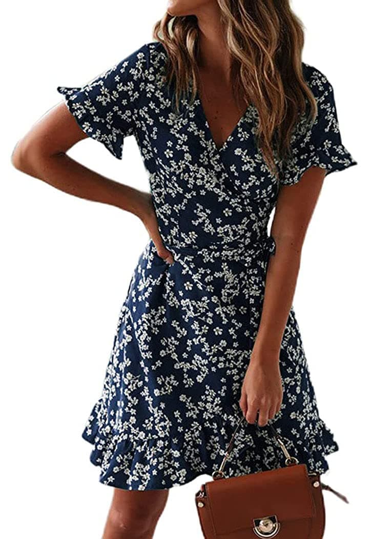 Women Summer Dress Beach Dress V Neck Flower Print Short Sleeves Bohemian Flowy Dress Fashion Casual Holiday Dresses