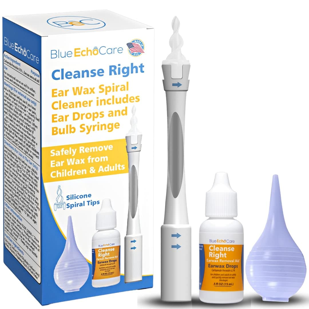 Cleanse Right 2nd Generation USA Made 1 Bottle of .5OZ Ear Drops and Ear Wax Removal Tool Kit, Ear Wax Spiral, Bulb Syringe Remove Earwax Blockage, Cleaner, Irrigation Tool