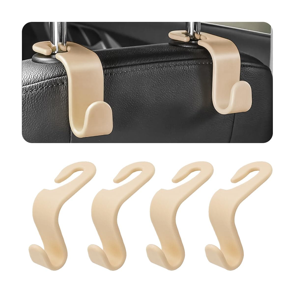 4PCS Car Seat Headrest Hooks, Auto Back Seat Hanger Holder, Durable Stylish Vehicle Organizer Universal Car Interior Accessories, Storage Hooks for Purses, Bags, Clothes, Coats, Hats (Beige/4PCS)
