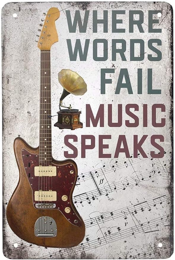 Vintage Metal Guitar Tin Sign - Where Words Fail Music Speaks -Musical Bar Pub Cafe Wall Kitchen Bathroo Poster Karaoke Retro Decor Art 8x12 inch