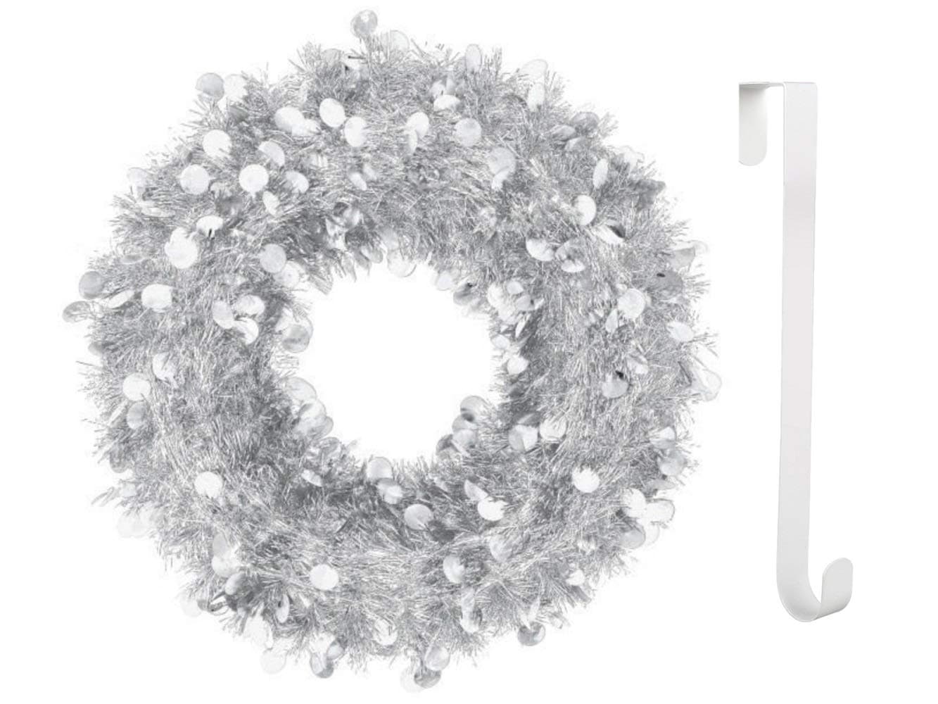 RLT-Home Silver Tinsel Wreath, 17 Inch, and Metal Over The Door Wreath Hanger, 12 Inch - Bundle (Silver)