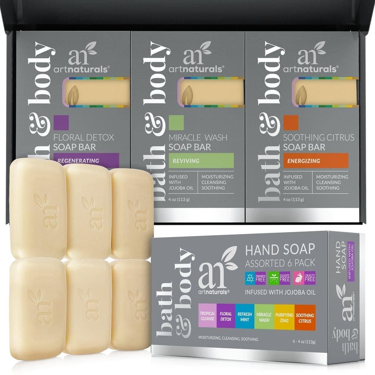 Artnaturals Natural Soap Bar Gift Set - (6 x 4 Oz / 113g) - Infused with Jojoba Oil - for All Skin Types - Body and Face - Tea Tree, Lavender, Eucalyptus, Lemon, Grapefruit and Orange - Men and Women