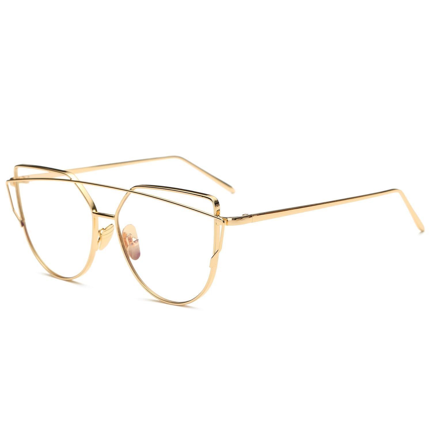 Cat Eye Sunglasses Womens Gold w Clear Lenses Large Oversized Cute Glasses