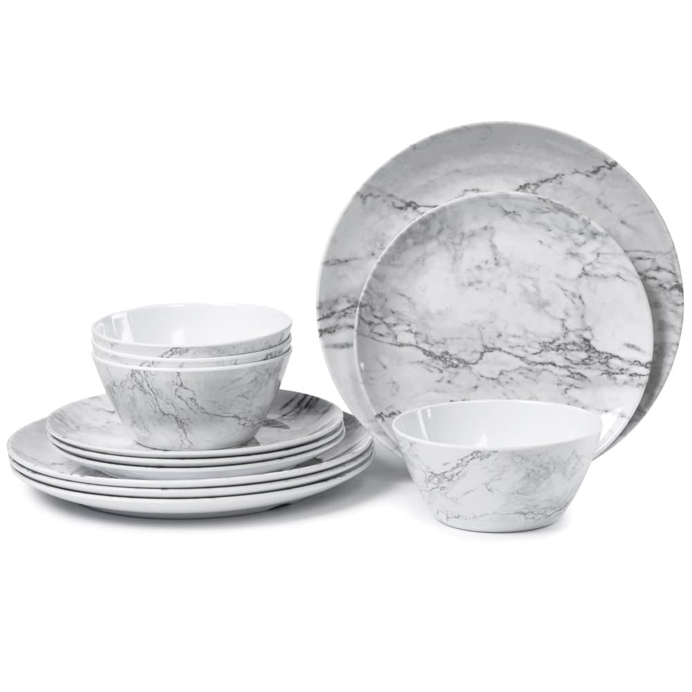 Melamine Dinnerware Set for 4-12pcs Camping Dishes Set for Outdoor Use, Marble-Like