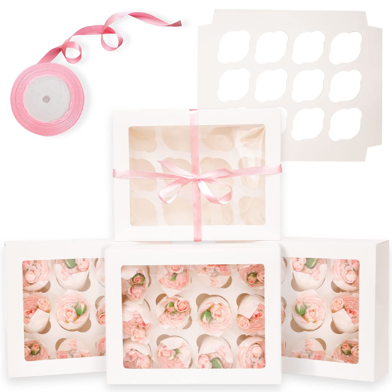 12 Cupcake Containers 20-Packs White Cupcake Box Cupcakes Carrier, 12 Cupcake Boxes with Window 13"x10"x3.5"（Auto-pop up）