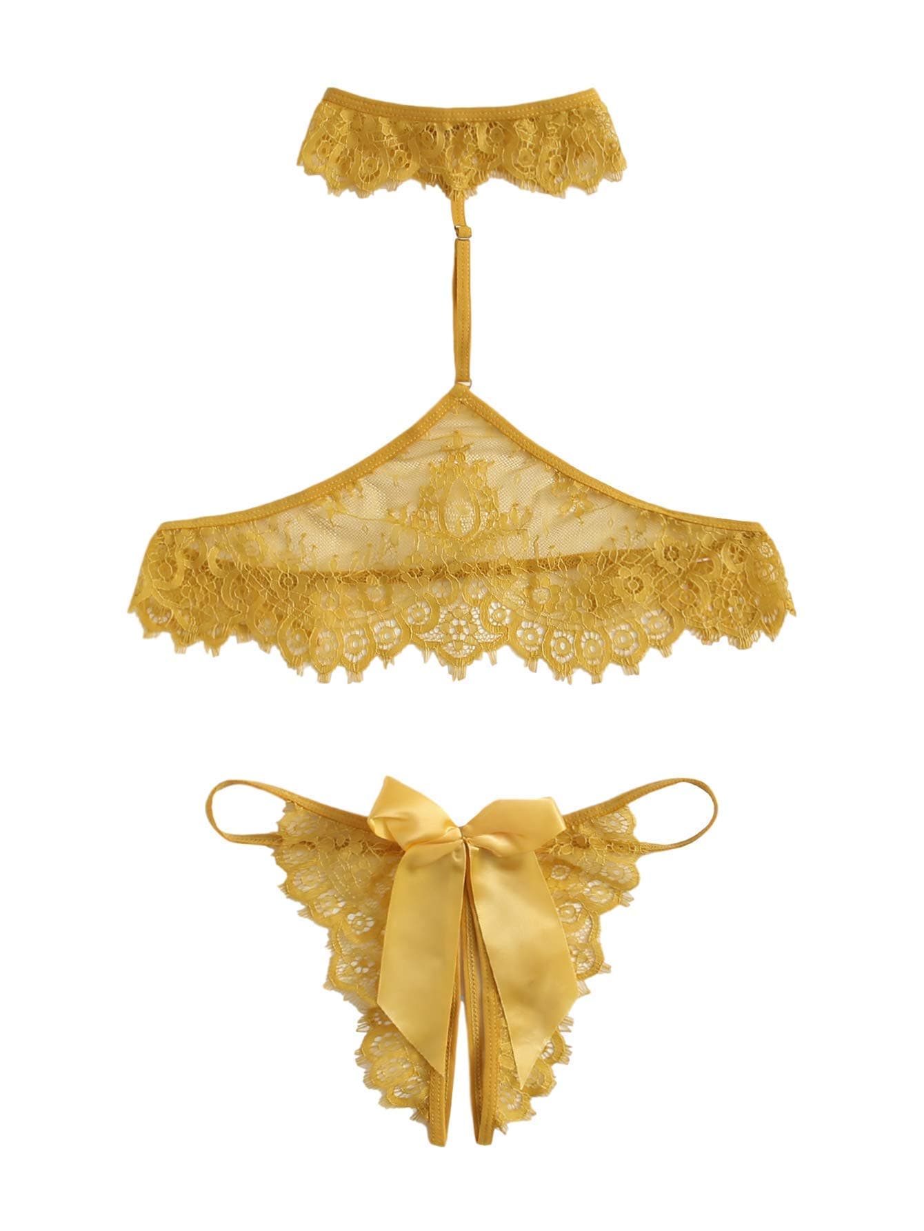Lilosy Women's Sexy Bow Choker Halter Floral Lace Sheer Lingerie Set See Through Bra and Panty 2 Piece Gold Yellow X-Large