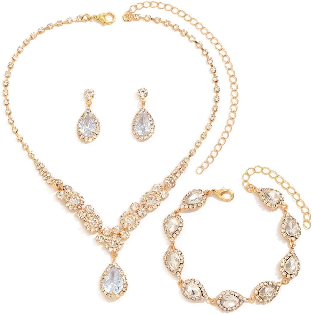 Jewelry Sets for Women Rhinestone Necklace Bracelet Dangle Earrings for Bride Bridesmaid Crystal Cubic Zirconia Bridal Wedding Jewelry