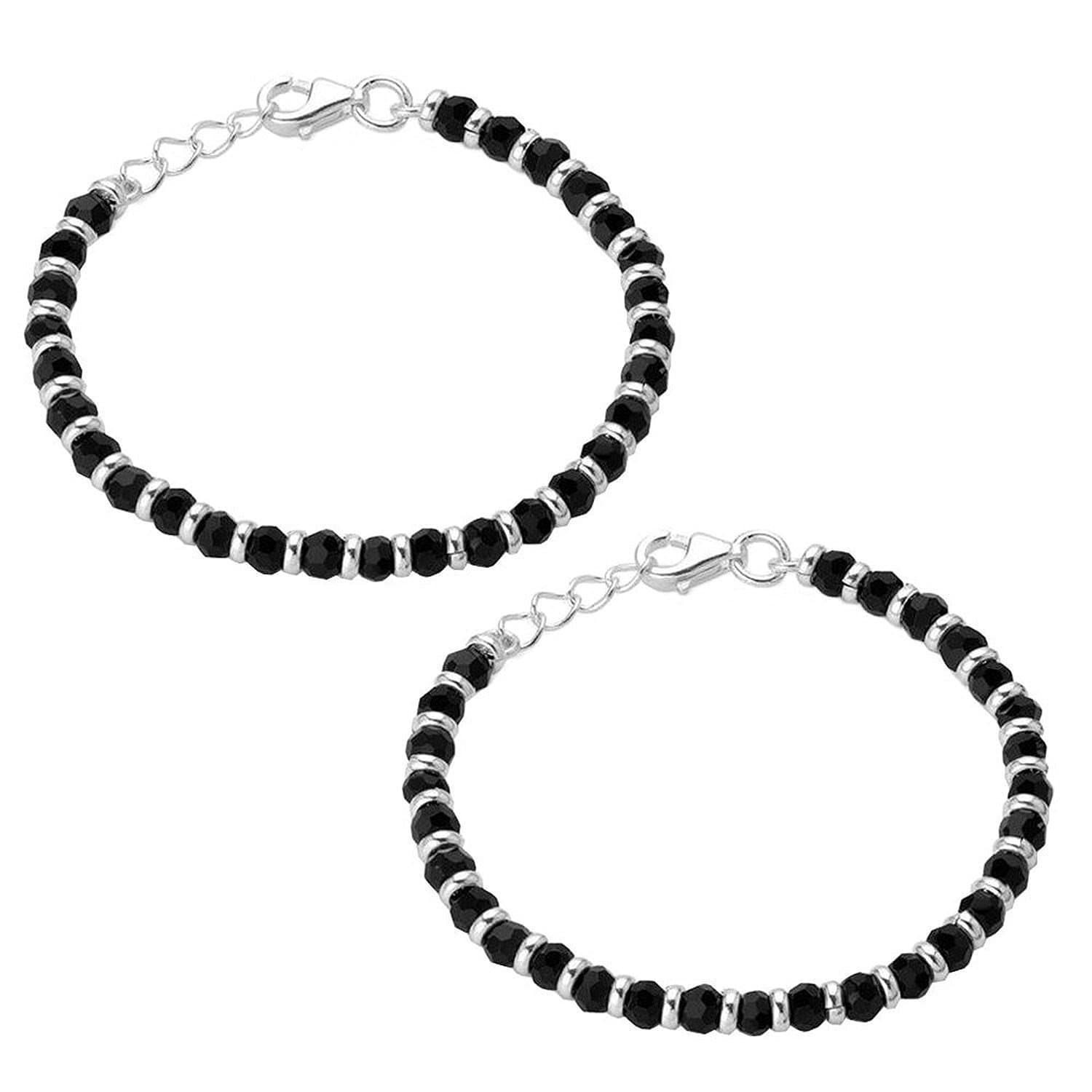 925 Sterling Pure Silver(Chandi) Black Bead Crystal Nazariya Bangle/Bracelet For Kids - One Pair For Children
