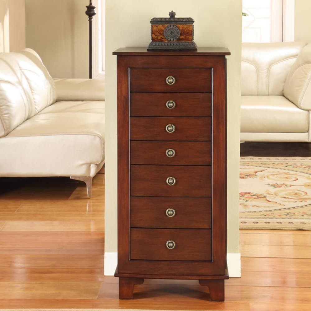 Nathan Direct Cayman 7 Drawer Lockable Jewelry Armoire with 2 Side Compartments and a Lift-Top Compartment with Mirror and Ring Holders, Antique Brown