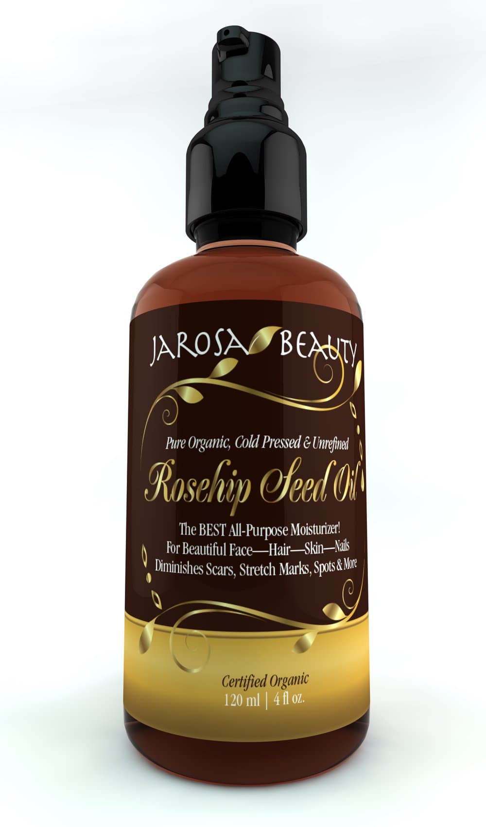 Pure Rosehip Seed Oil Certified Organic Large 4 Ounce Bottle (120 Ml) By Jarosa Beauty - Cold Pressed, Virgin & Unrefined, Carrier, Face & Hair Oil - No Fillers or Fragrance