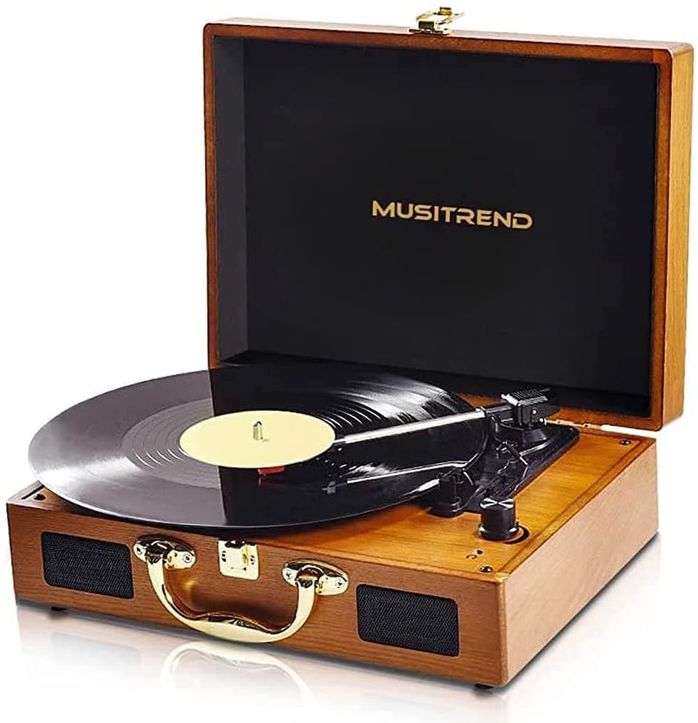 MUSITREND Vinyl Record Player,3-speed 33/45/78 RPM Turntable Portable Suitcase with Built-in Speakers,PC Recorder/Headphone Jack/USB/AUX in/RCA output - Natural Wood