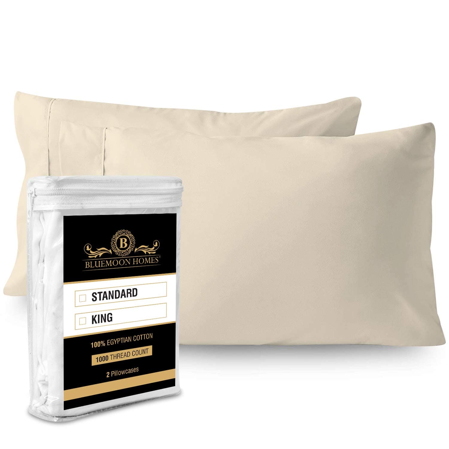 Satin & Silky Pillowcases for Hair and Skin - Egyptian Cotton King Size Set of 2 Luxurious Pillow Covers - 1000TC Ivory Pillow Protectors for Sleeping Bed Pillows - 20x40 Inch Pillow Cases