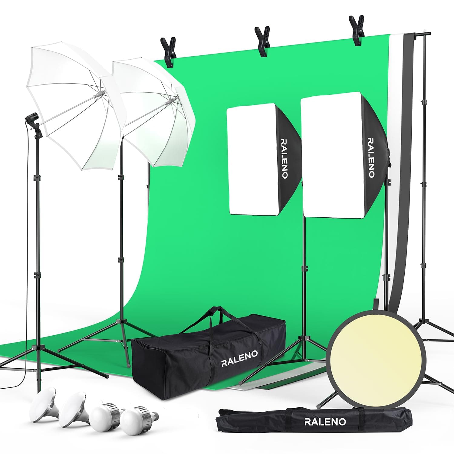 Photography Lighting Kit, 8.5 x 10ft Backdrop Stand with Green Screen, 5 x 85W 5500K Softbox Studio Lighting Kit with Umbrellas for Product, Portrait and Video Shoot Photography