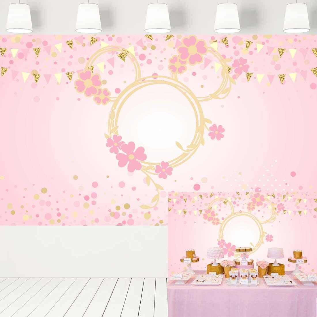 ERIC Baby Minnie Mouse Photo Backdrop 1st Birthday Party Supplies Pink Gold Confetti Flower Background Baby Shower Decorations Girls Party Banner 356