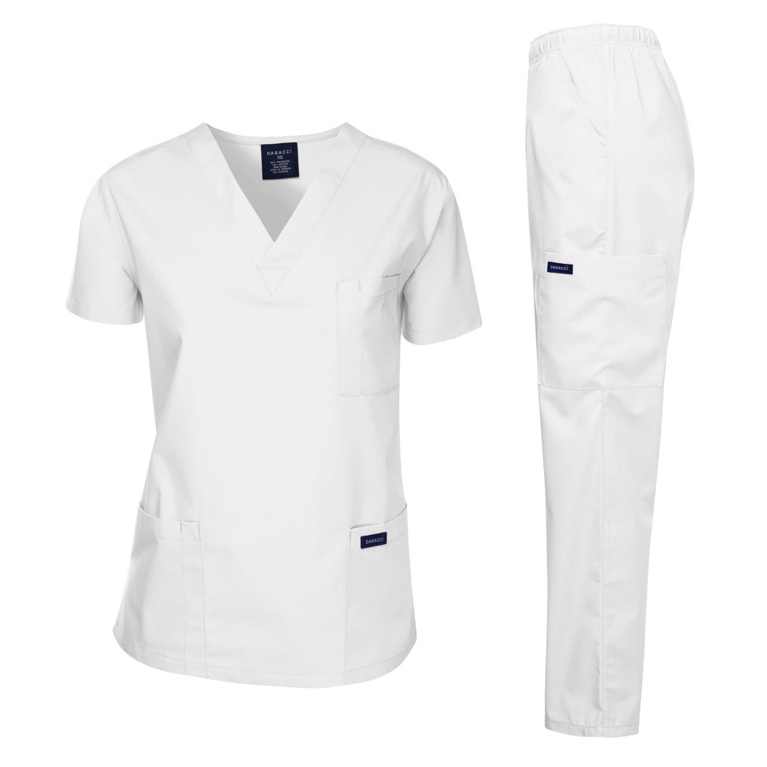 Dagacci Scrubs Medical Uniform Women and Man Scrubs Set Medical Scrubs Top and Pants, White, S