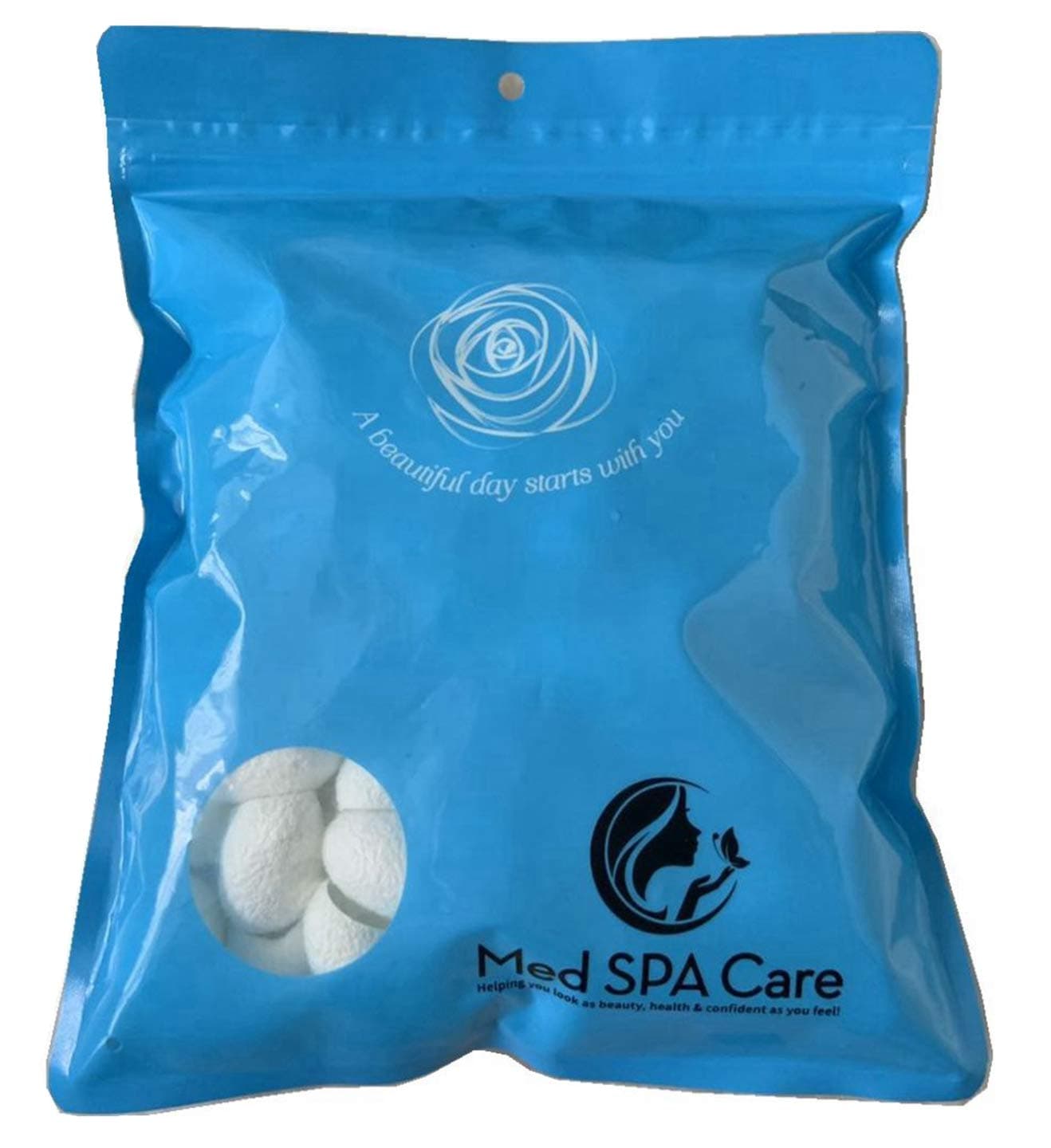 Med SPA Care Organic Silkworm Cocoon Finger Rub Facial Cleaning Balls,Natural Protein Scrub Beauty Massage Remove Blackhead/Acnes/Scars/Fade Spot/Smooth Skin/Anti-wrinkles 100-Pack (White)
