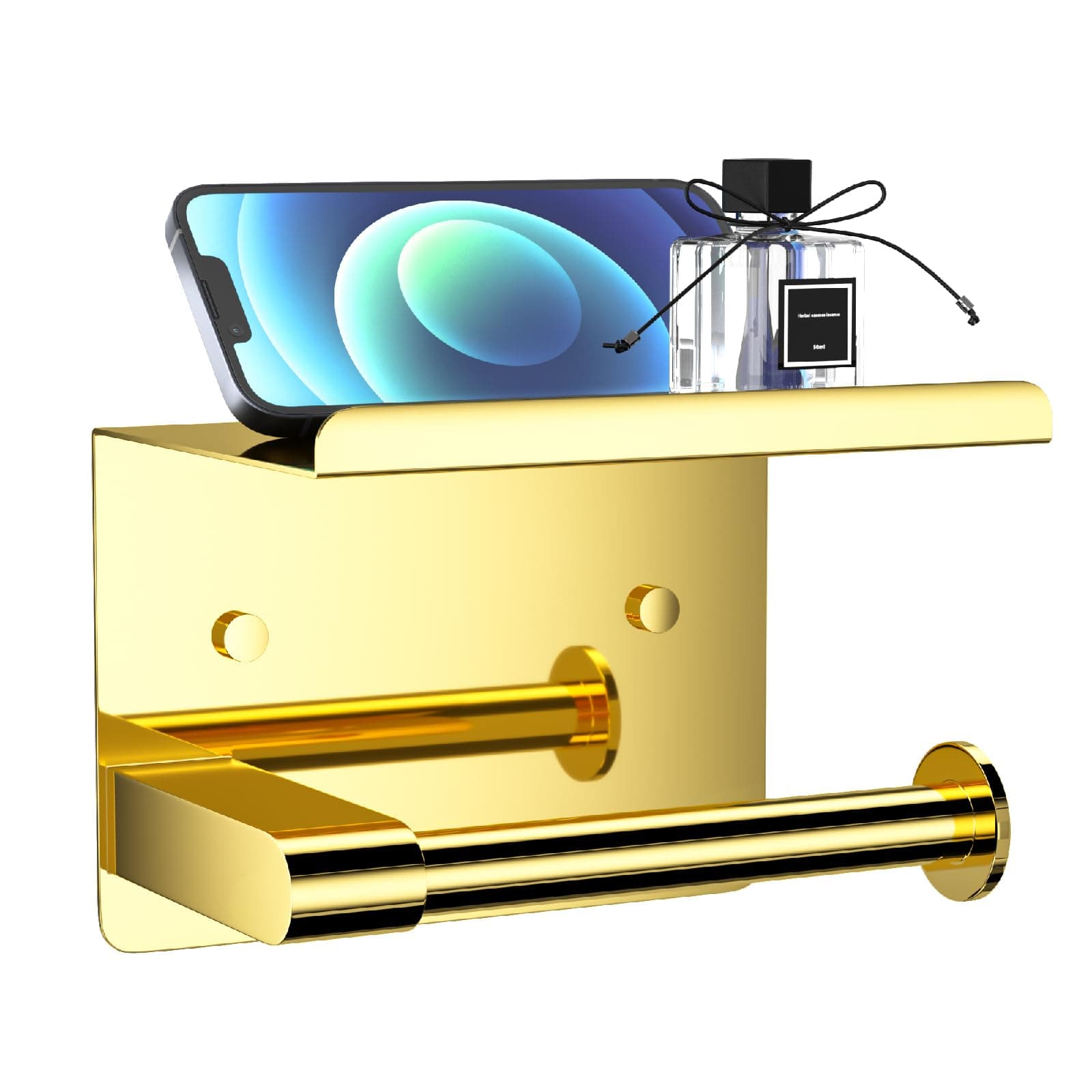GLNLQGold Toilet Paper Holder Wall Mount, Fits Mega Rolls Size Toilet Paper Holder with Shelf, Rustproof Stainless Steel Toilet Roll Holder, Self Adhesive Toilet Paper Holder Gold