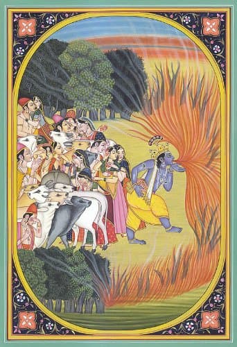 Krishna Consumes Forest Fire - Water Color Painting on Paper - Artist: Kailash Raj