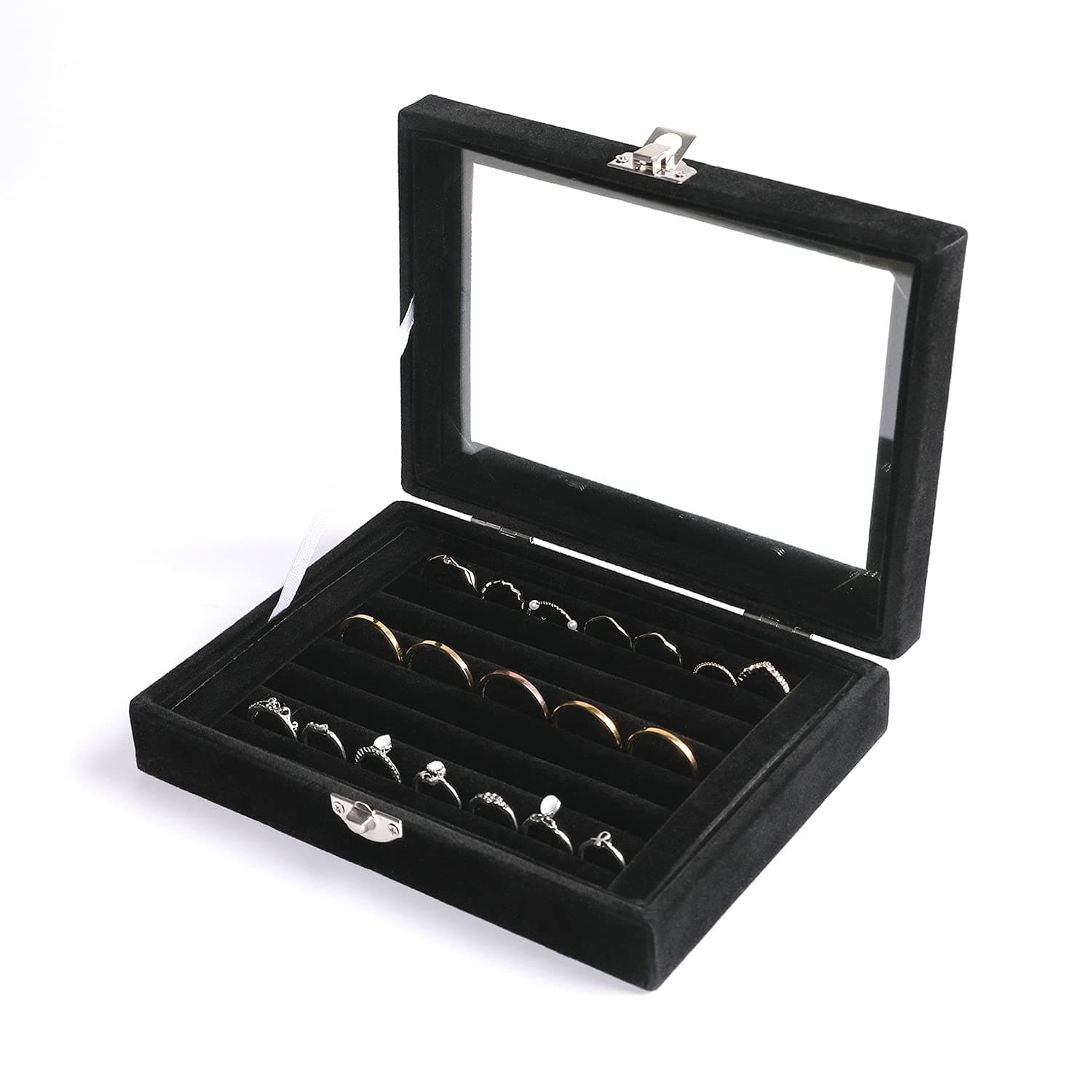 Frebeauty Rings/Earring Organizer Tray with Clear Lid,7 Slots Ring Box Velvet Ring Holder Drawer Insert Jewelry Storage Box Jewelry Display Case Jewelry Box Gift for Women and Girls(Black,7 Slots)