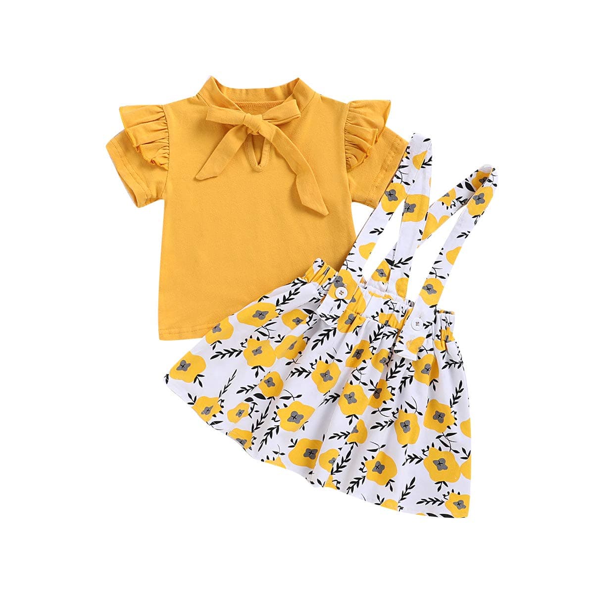 Toddler Baby Girls Clothes Ruffle Sleeve T-Shirt Tops+ Yellow Overall Skirt Set (Yellow, 3T(2-3 Years Old))