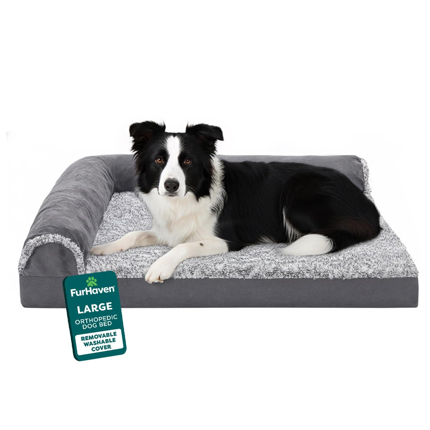 Furhaven Dog L-chaise Two-Tone Plush Faux Fur & Suede