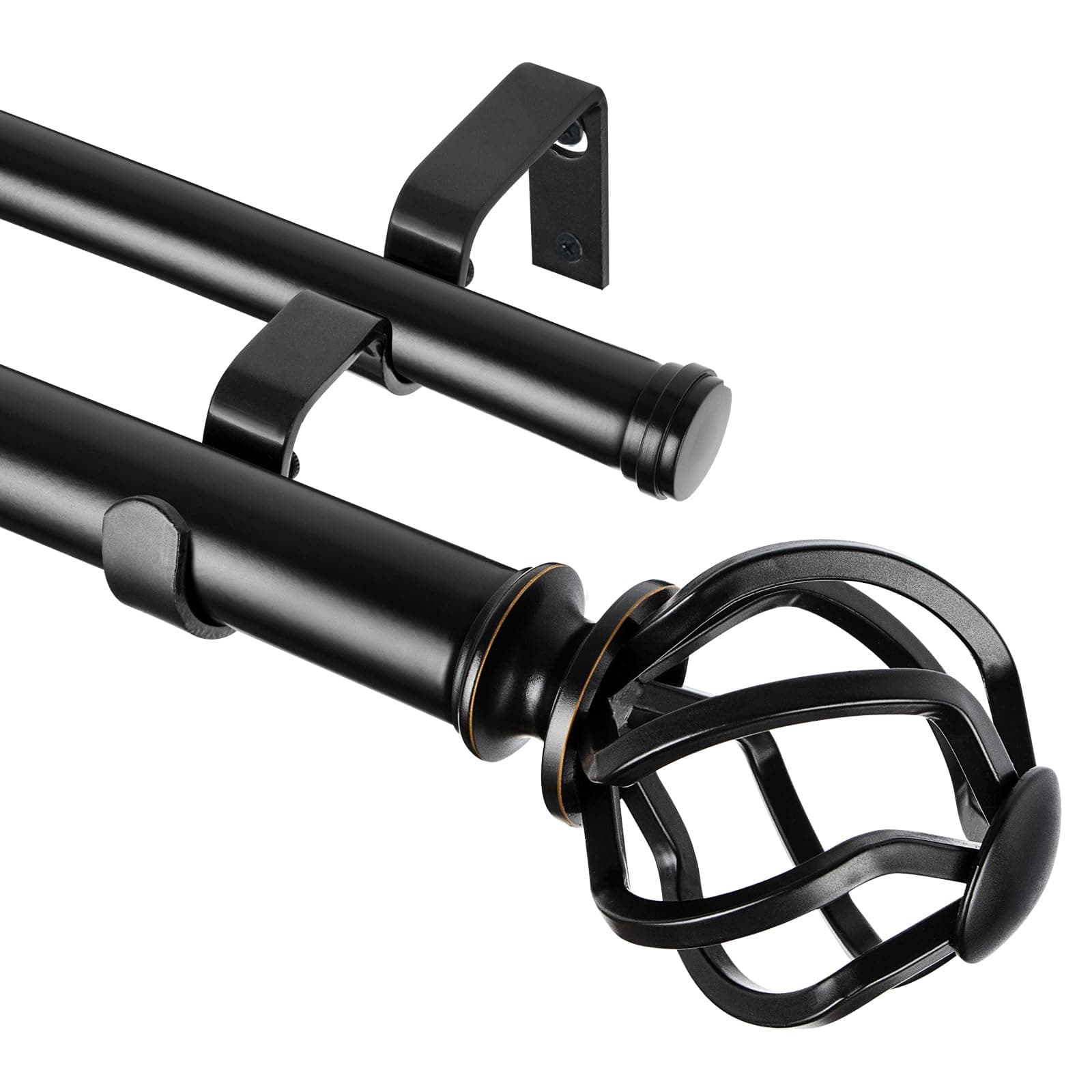 KAMANINA 1 Inch Double Curtain Rod 72 to 144 Inches (6-12 Feet), Black Curtain Rods for Windows 66 to 120, Heavy Duty Telescoping Drapery Rods with Twisted Cage Finials