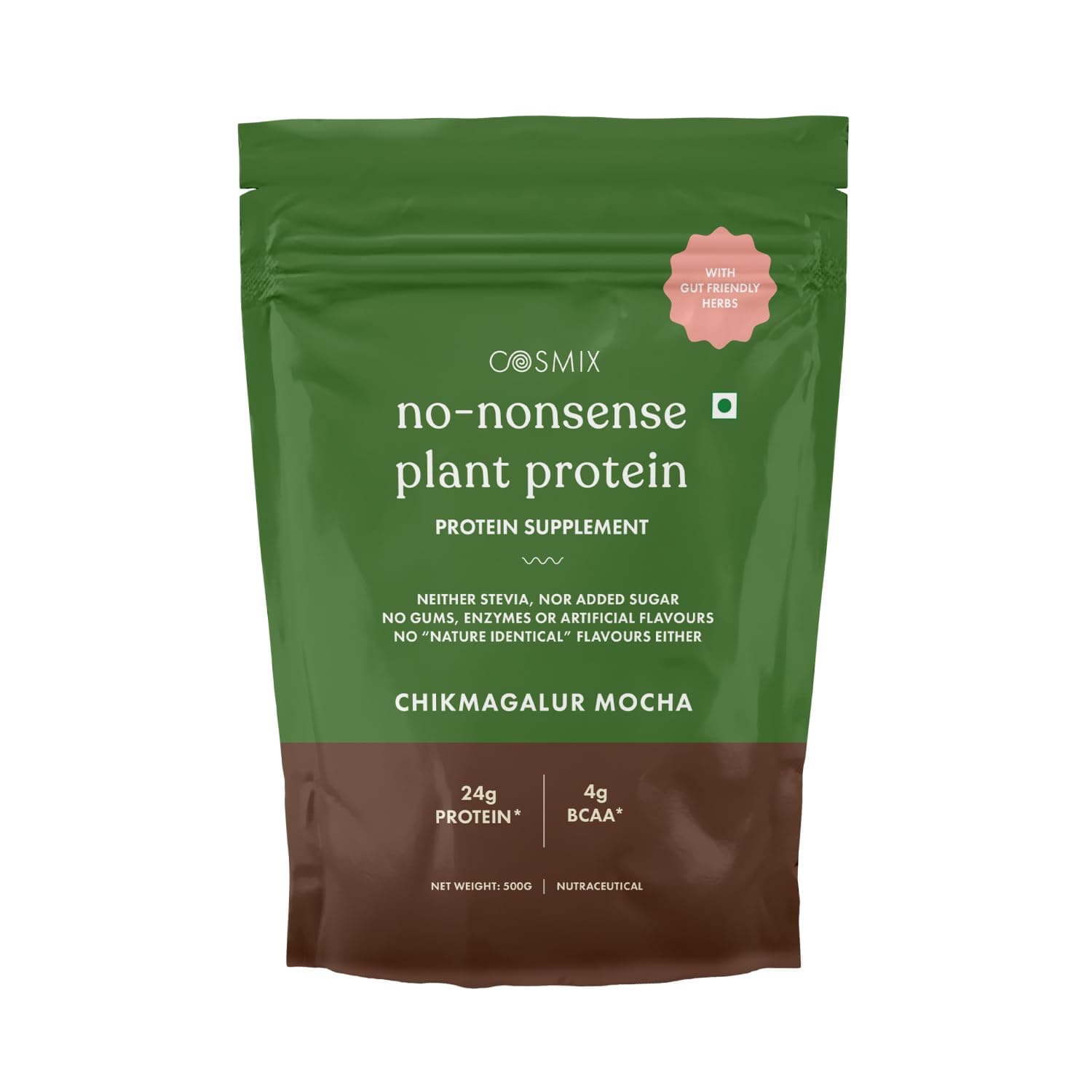 Cosmix No-Nonsense Plant Protein | 24 Protein/Serve, 500g Pouch | Chikamagalur Mocha (Coffee) | Plant Based Protein, Pea & Rice Isolate | Clean, Easy to Digest | All Essential Amino Acids