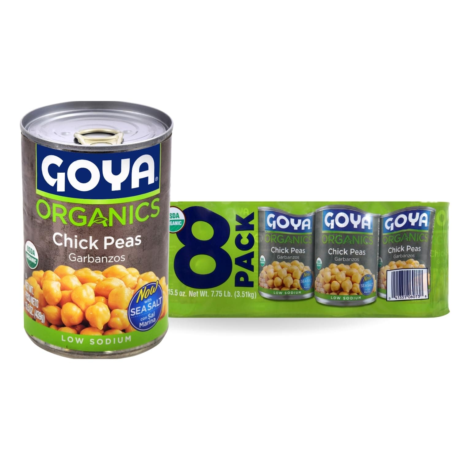 Organic Chickpeas with Sea Salt by Goya, Low Sodium Garbanzo Beans, Canned Food, Pantry Staples, Legumes Rich in Fiber, Beans Bulk 8 Pack of 15.5oz Cans