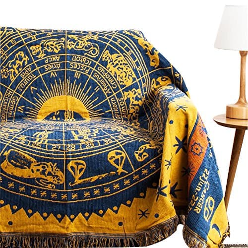 MR FANTASY Double Sided Cotton Woven Couch Tapestry Throw Blanket Decorative Tassels - Zodiac Constellation Yellow 50x70 inches