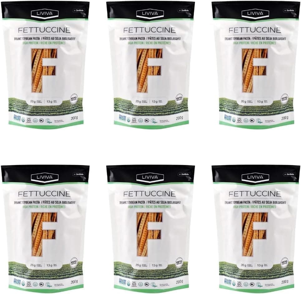 LIVIVA Organic Gluten Free Soybean Fettuccine Noodle Pasta (6 Pk) – 92 g Protein Bag - Certified Plant-Based Non-GMO Kosher Halal Vegan Keto – Nutritious Pasta Plant-Based Protein Ready-to-Eat in minutes