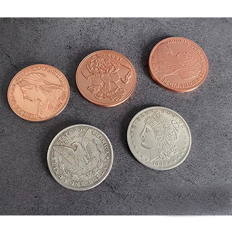 Blue-Ther Hopping Morgan with Expanded Shell Coins & Queen Victoria Ancient Coin Set Magic Tricks Gimmick Mentalism Magic Coins
