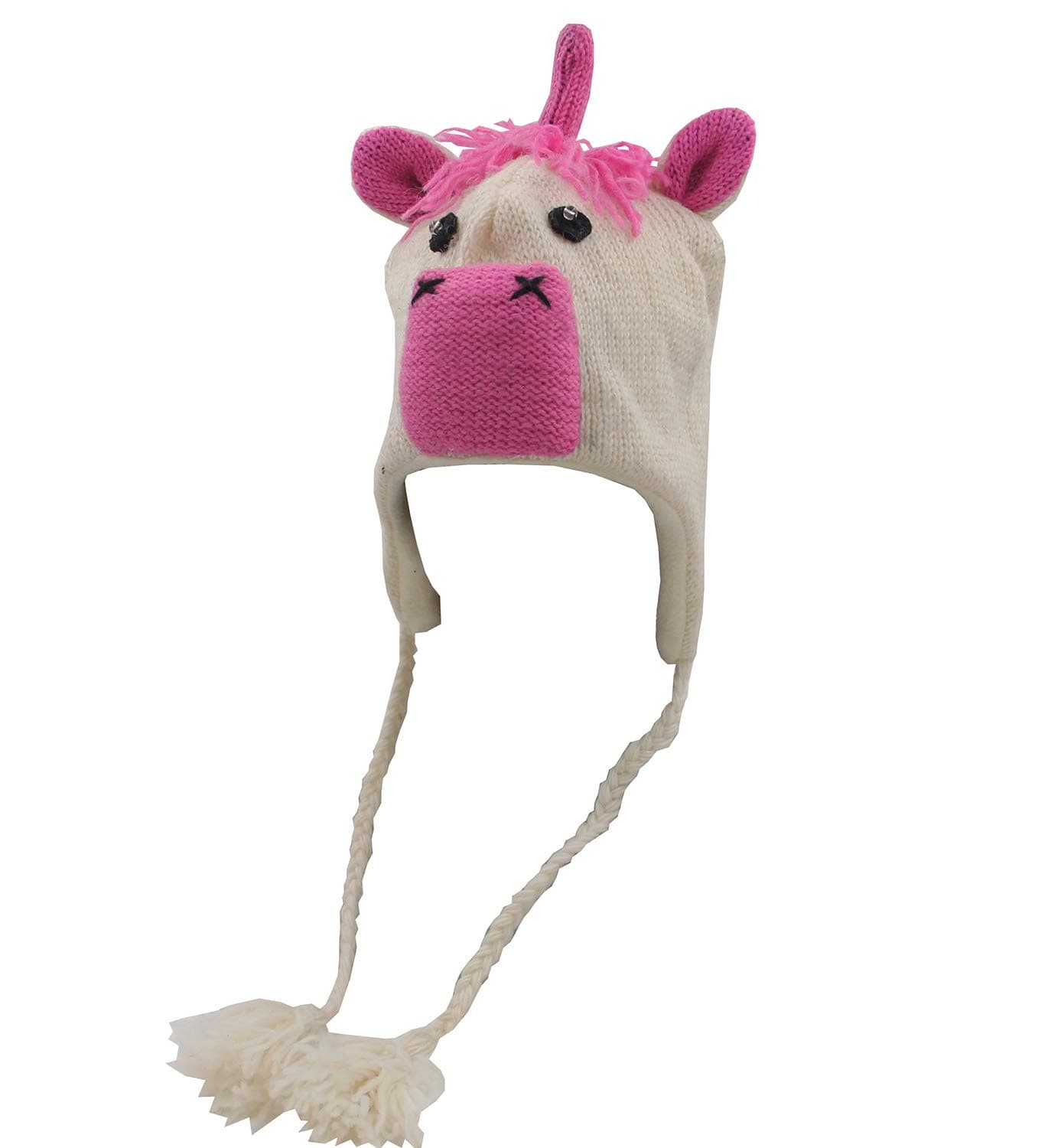 Unicorn Wool Trooper Trapper Pilot Ski Hat Cap with Fleece Lined Hand Knit Nepal White