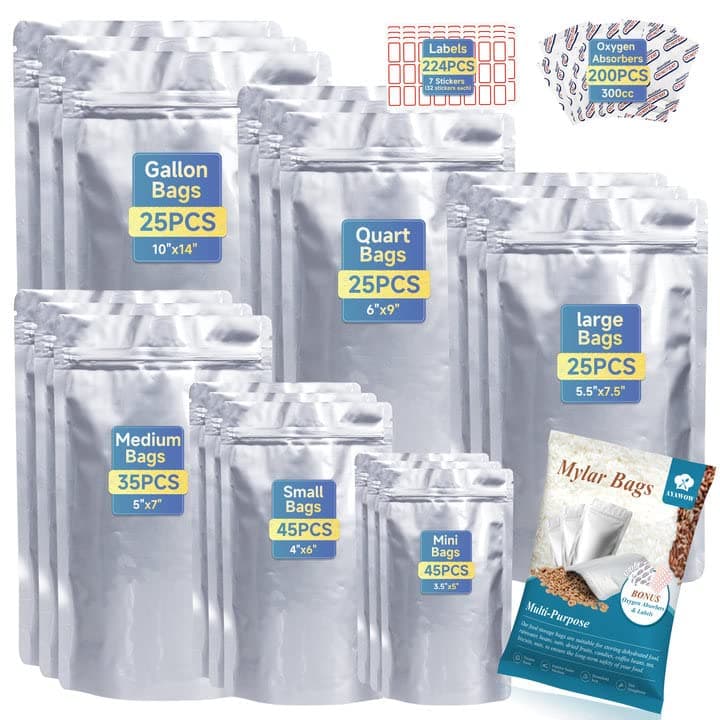 Mylar Bags for Food Storage 200 Pcs, 8.7 Mil Thick Mylar Bags With Oxygen Absorbers, Resealable Mylar Bag Gusset Bottom& Ziplock Food Grade Bags For Storage