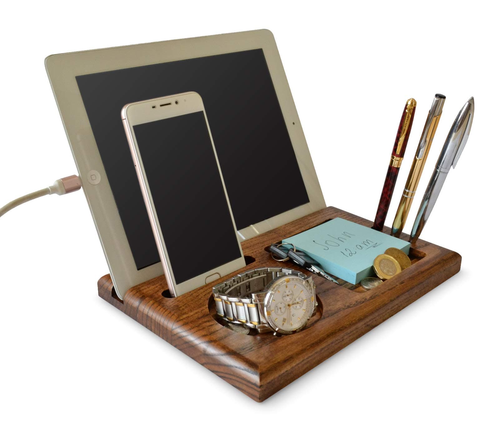 Wood Phone - Docking Station Key - Holder, Wallet - Stand Watch - Organizer Men's Gift (Ash Coins)