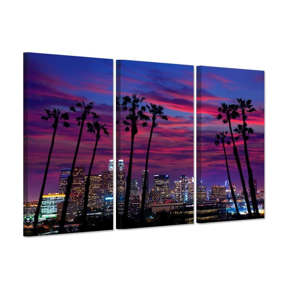 iHAPPYWALL 3 Piece USA Los Angeles Landscape Canvas Wall Art Purple New York Night City Lights Cityscapes Plam Trees Silhouette Over Glow Sky Picture Print for Home Bedroom Office