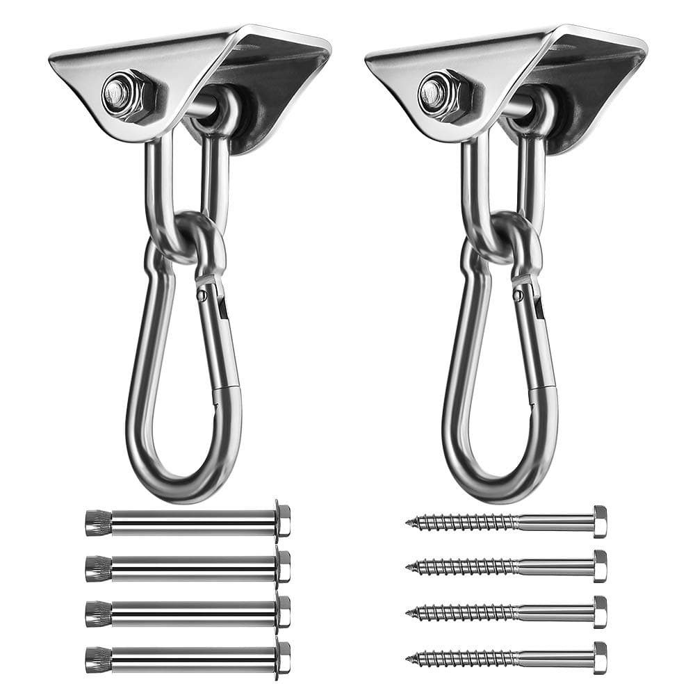 Swing Hangers Hooks,Set of 2 Stainless Steel 180°Swivel Hammock Hooks with Locking Carabiner,1000LB Capacity for Concrete Wooden Sets Playground Porch Indoor Outdoor Seat Trapeze Yoga, GYM