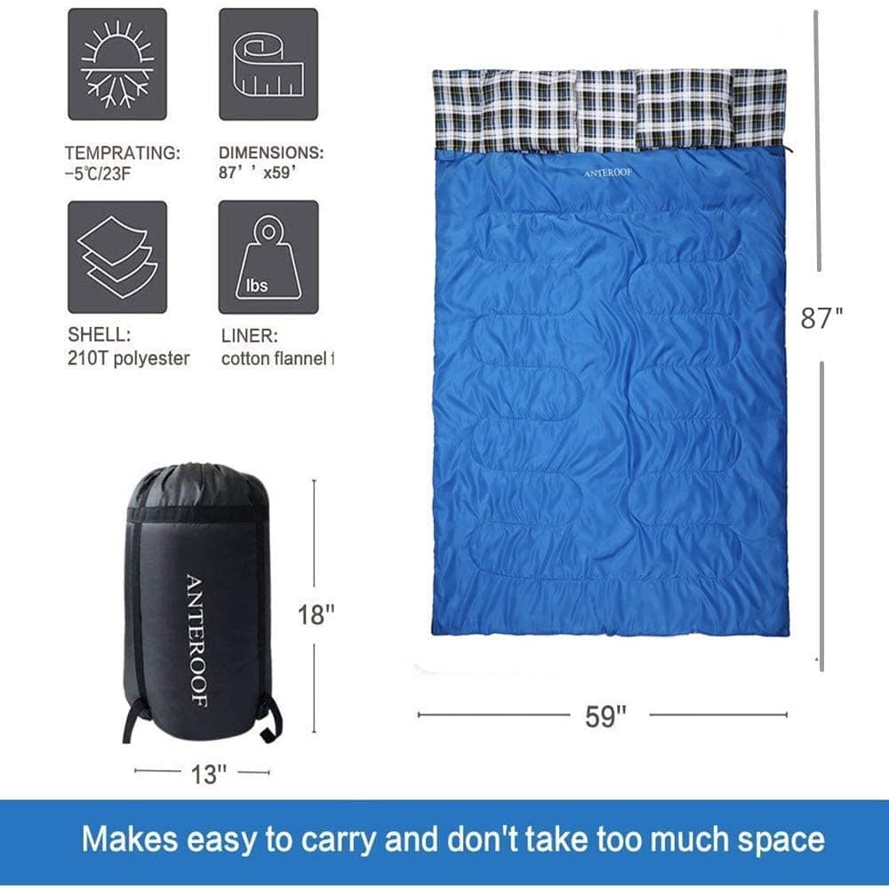 Double Sleeping Bag Cotton Flannel, Waterproof Outdoor Backing Sleeping Bag with 2 Pillow and Compression bag, Camping Envelope Sleeping Bag For Adults & Kids - Camping Gear Equipment, Traveling