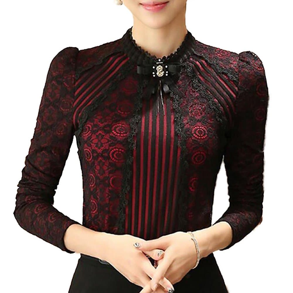 Women's Vintage Beaded Buttons Pleated Shirt Long Sleeve Lace Stretchy Blouse