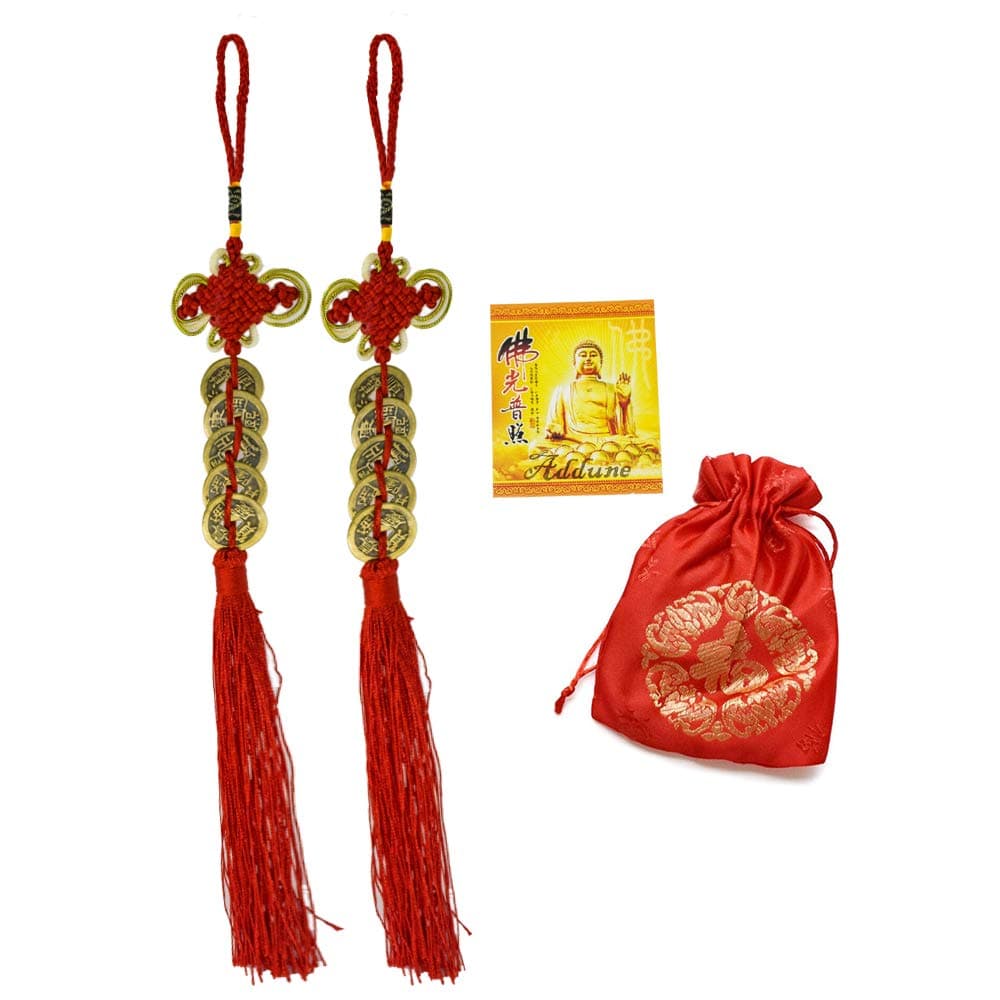 2Pcs Feng Shui Coins with Chinese Knot Handmade Lucky Ching Ancient Coins Five Emperors Antique Fortune Money Coins for Wealth and Success Home Decor (Style A)