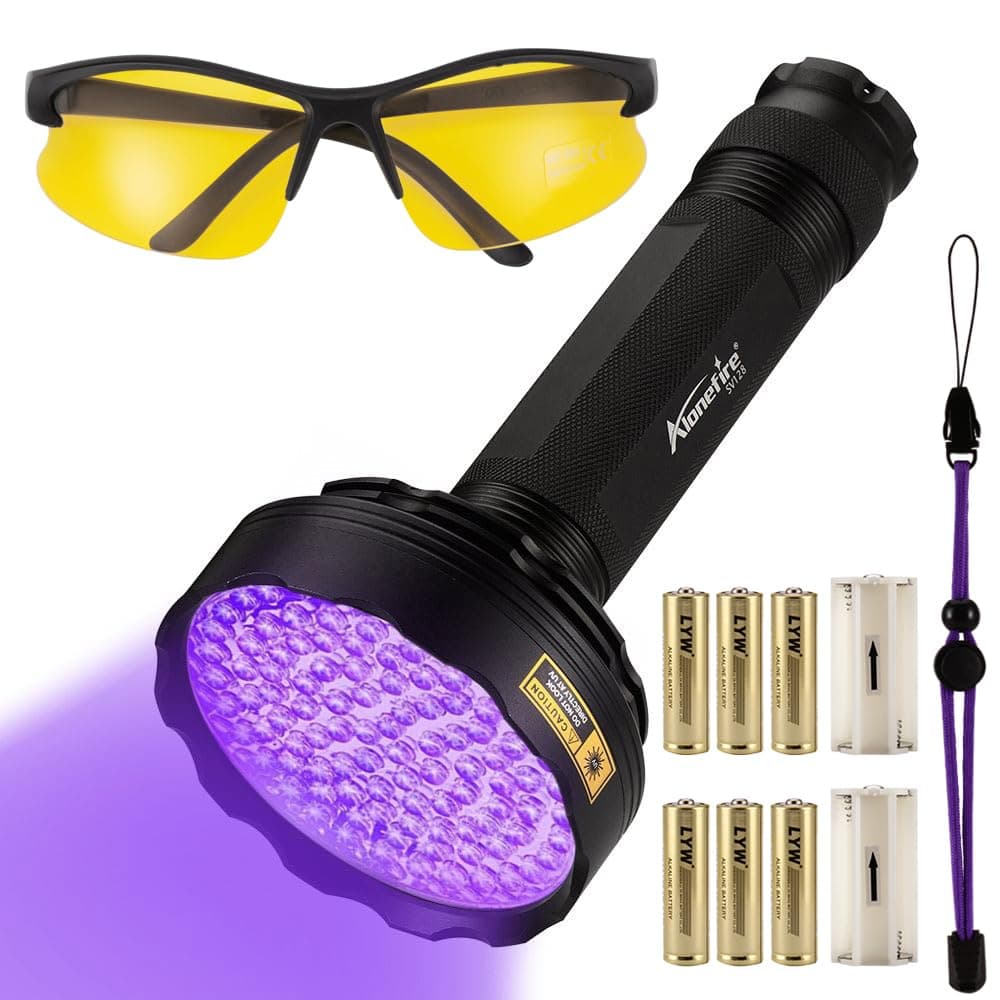 SV128 395nm UV Flashlight 128 LED Ultraviolet Blacklight Black Light for Scorpion Detection, Pet Urine Detection, Dry Stain with UV Protective Glasses, 6PCS AAA Battery Included