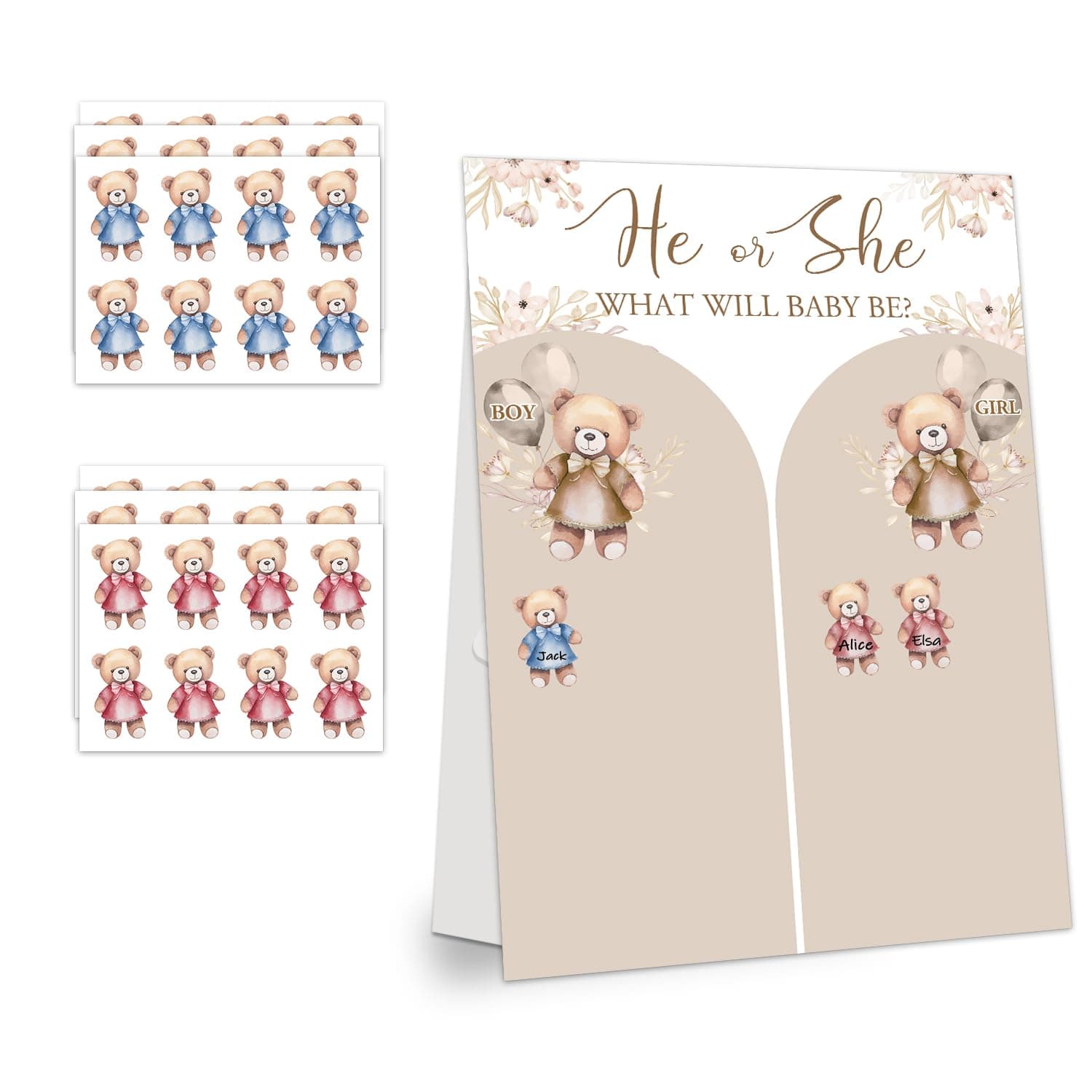 LNOKRIM Bear Theme Baby Gender Reveal Voting Board Sign, 48 Boys Girls Bear Voting Stickers, He or She, Baby Gender Reveal Party Decorations Games for Boy or Girl Shower