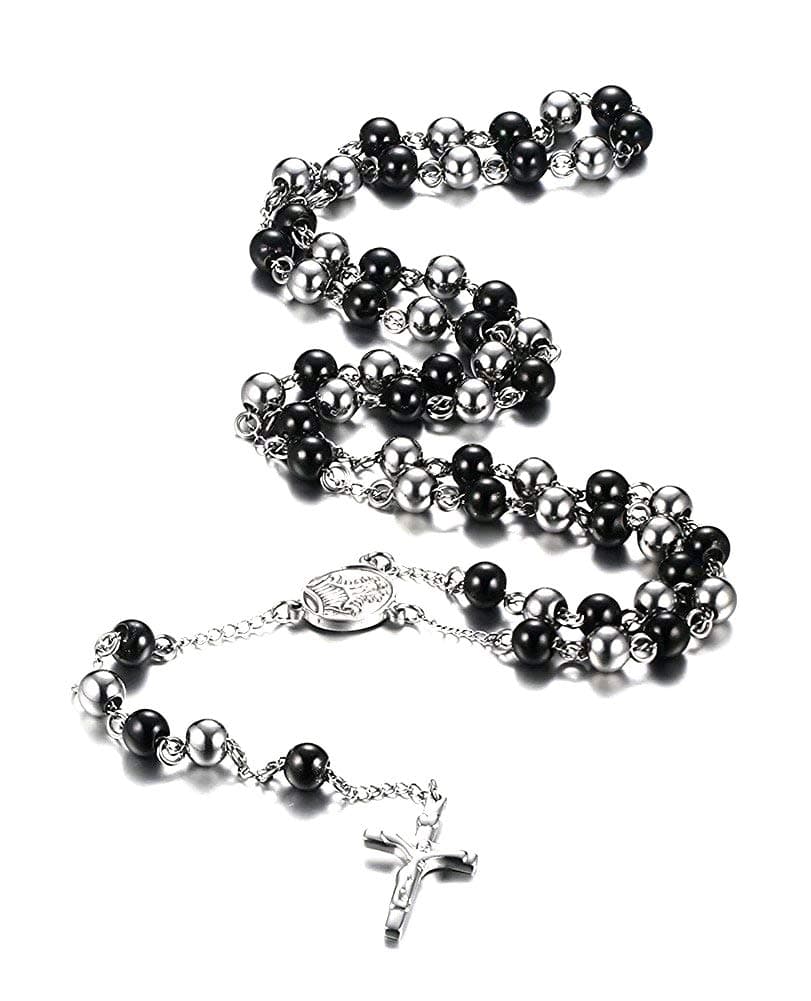 VNOX Unisex Black Stainless Steel Long Rosary Bead Chain Jesus Cross Catholic Crucifix Cross Necklace,36" (Two-Tone)