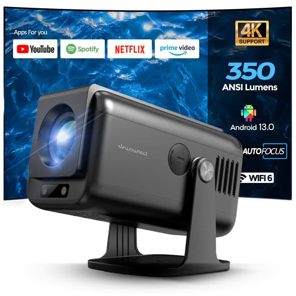 Wownect Flip Pro Mini Smart Projector, Latest Android 13.0, [Auto Focus & Keystone] 350 ANSI Lumens, Native 1080P, Supports 4K, 2.4/5G Dual Band WiFi, Bluetooth 5.0, Portable Home Theater Projector