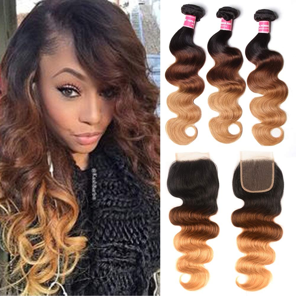 Sunber Ombre Brazilian Hair Bundles With Closure Body Wave Human Virgin Hair 3 Bundles With 4×4 Lace Closure Free Part 3 Tone 1b/4/27 Color (T1B/4/27-16 18 20+14 lace closure)