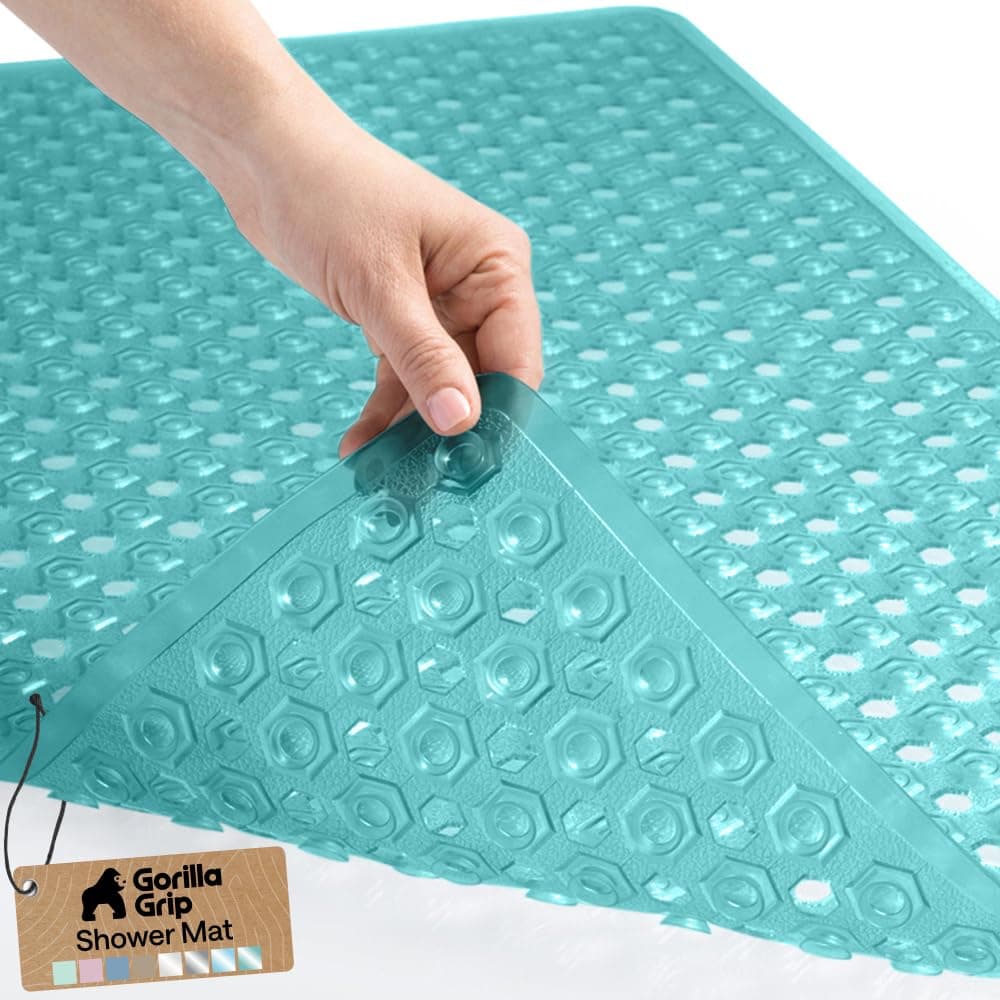 Patented Bath Tub Shower Mat, Machine Washable Bathtub Floor Liner Mats, Suction Cups and Drain Holes to Keep Tubs Clean, Soft on Feet, Bathroom Essentials, 35x16 Inch, Clear Turquoise